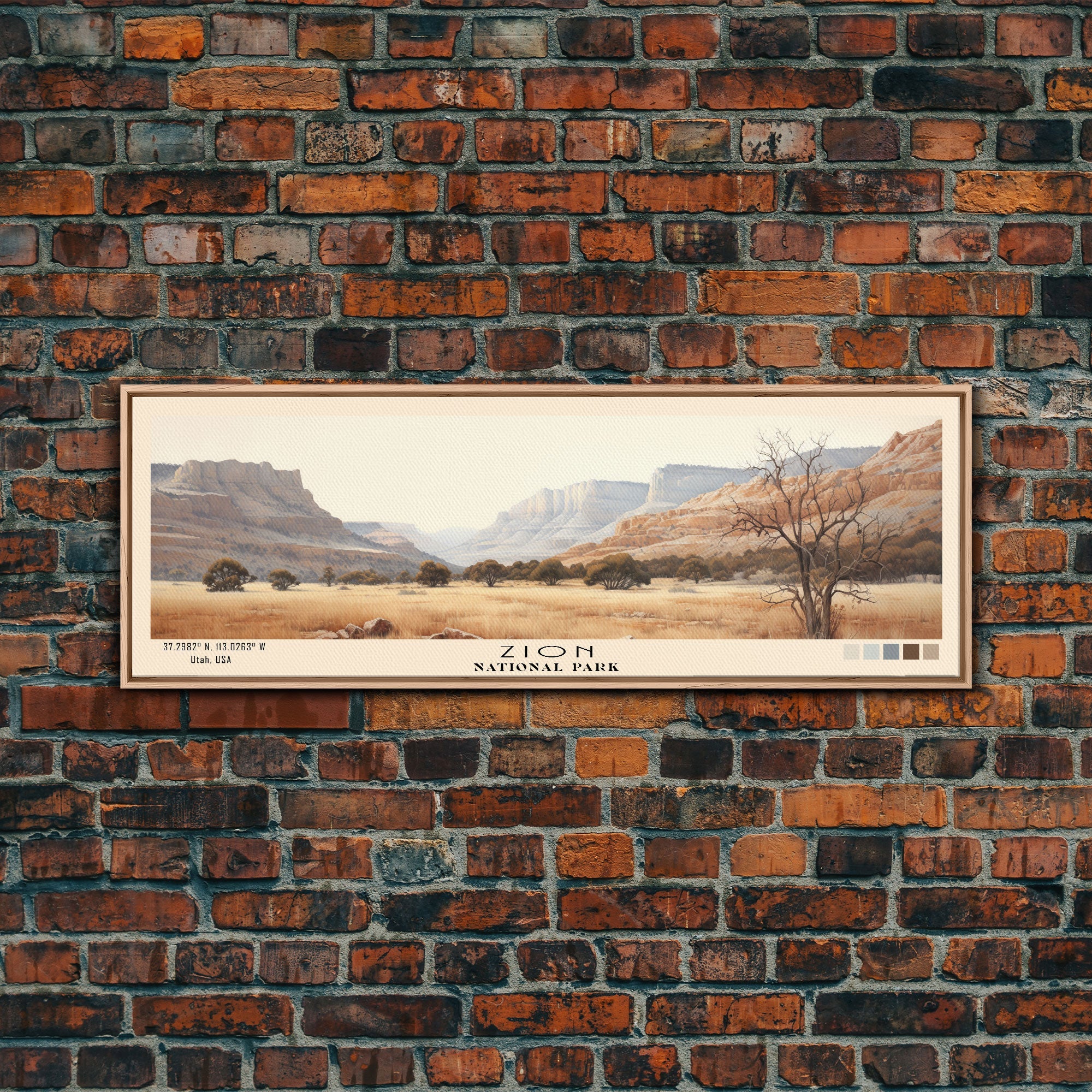 Zion National Park Panoramic Utah Travel Art, National Park Print, Minimalist Travel Art, Subdued Watercolor Painting Panoramic