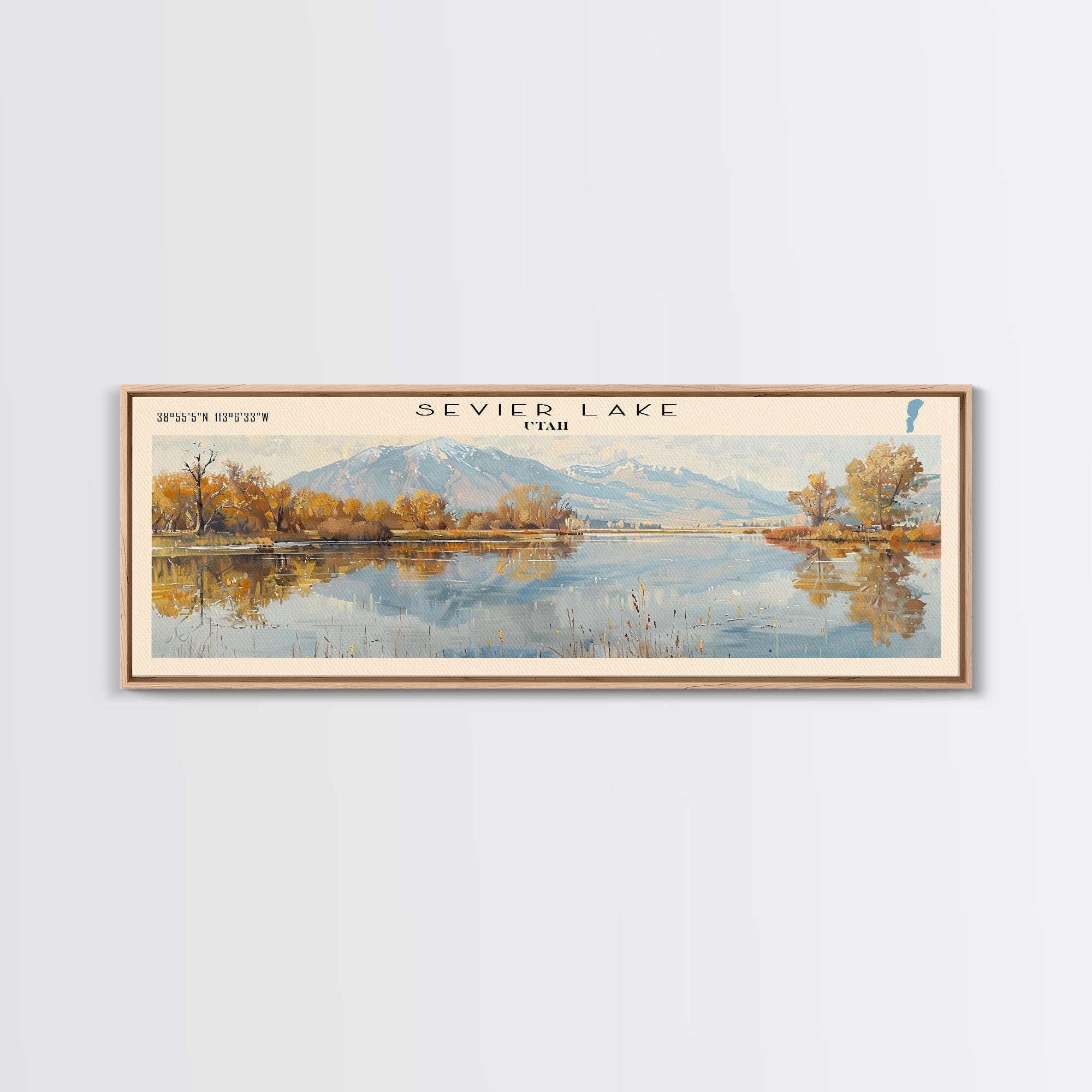 Sevier Lake Utah Panoramic Framed Canvas Print, Lake House Decor, Wall Art, Travel Poster, Tranquil Landscape, Modern Art