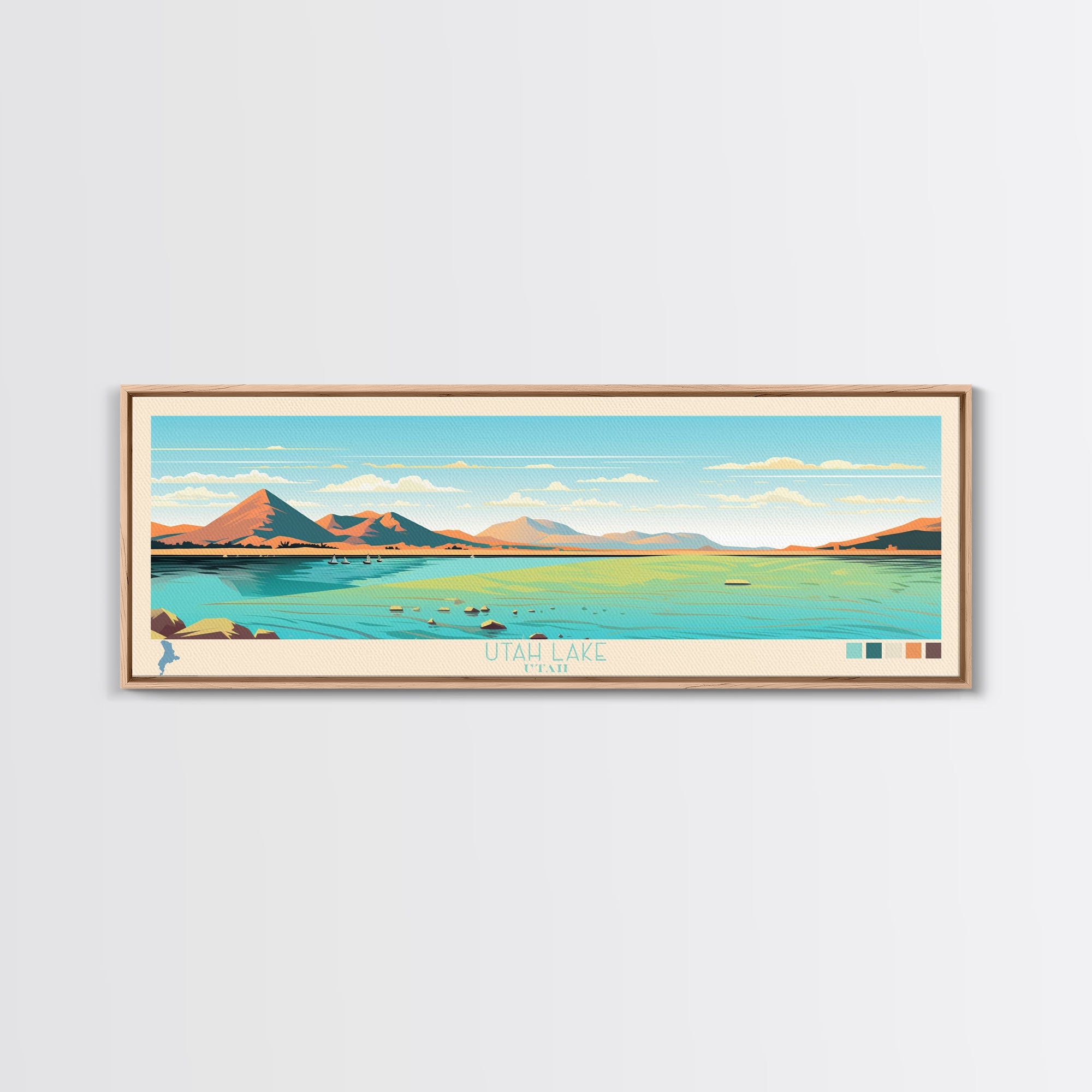 Utah Lake, Utah Framed Canvas Print, Panoramic Lake House Decor, Midcentury Modern Art, Pop Art, Travel Poster, Bedroom Wall Art