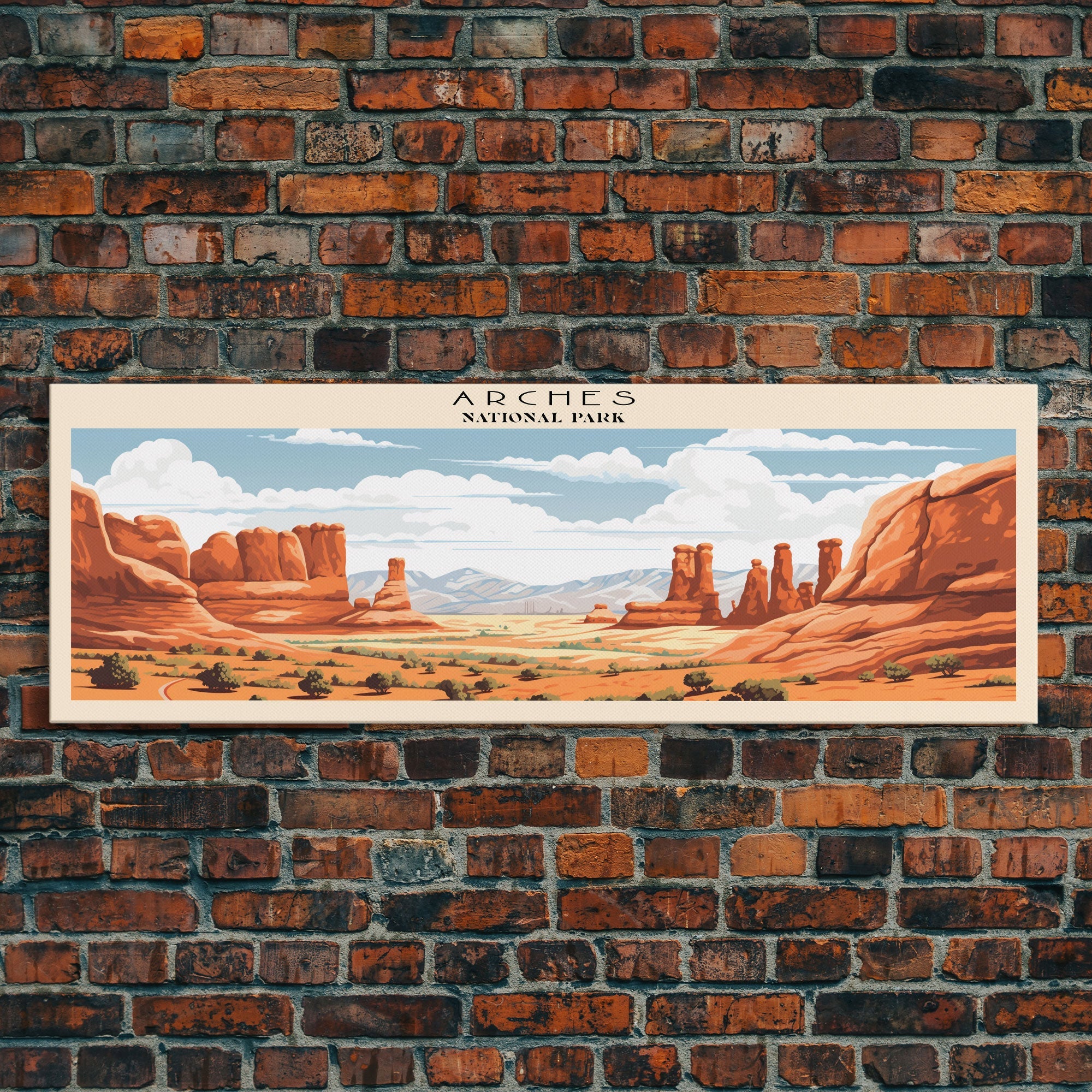 Arches National Park Panoramic Utah Travel Art, National Park Print, Minimalist Travel Art, Subdued Watercolor Painting Panoramic