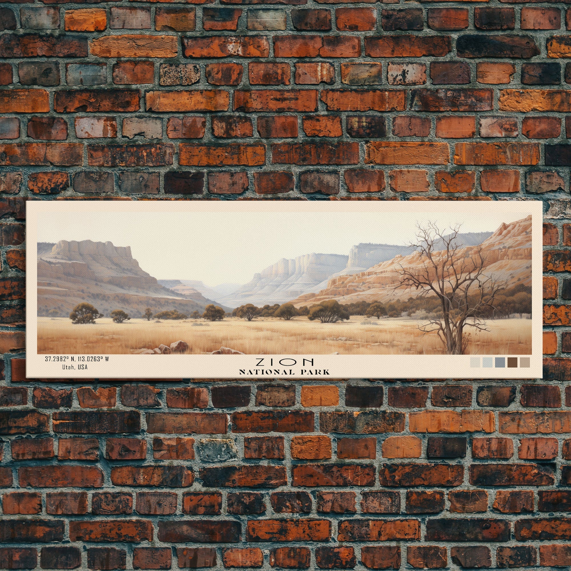 Zion National Park Panoramic Utah Travel Art, National Park Print, Minimalist Travel Art, Subdued Watercolor Painting Panoramic