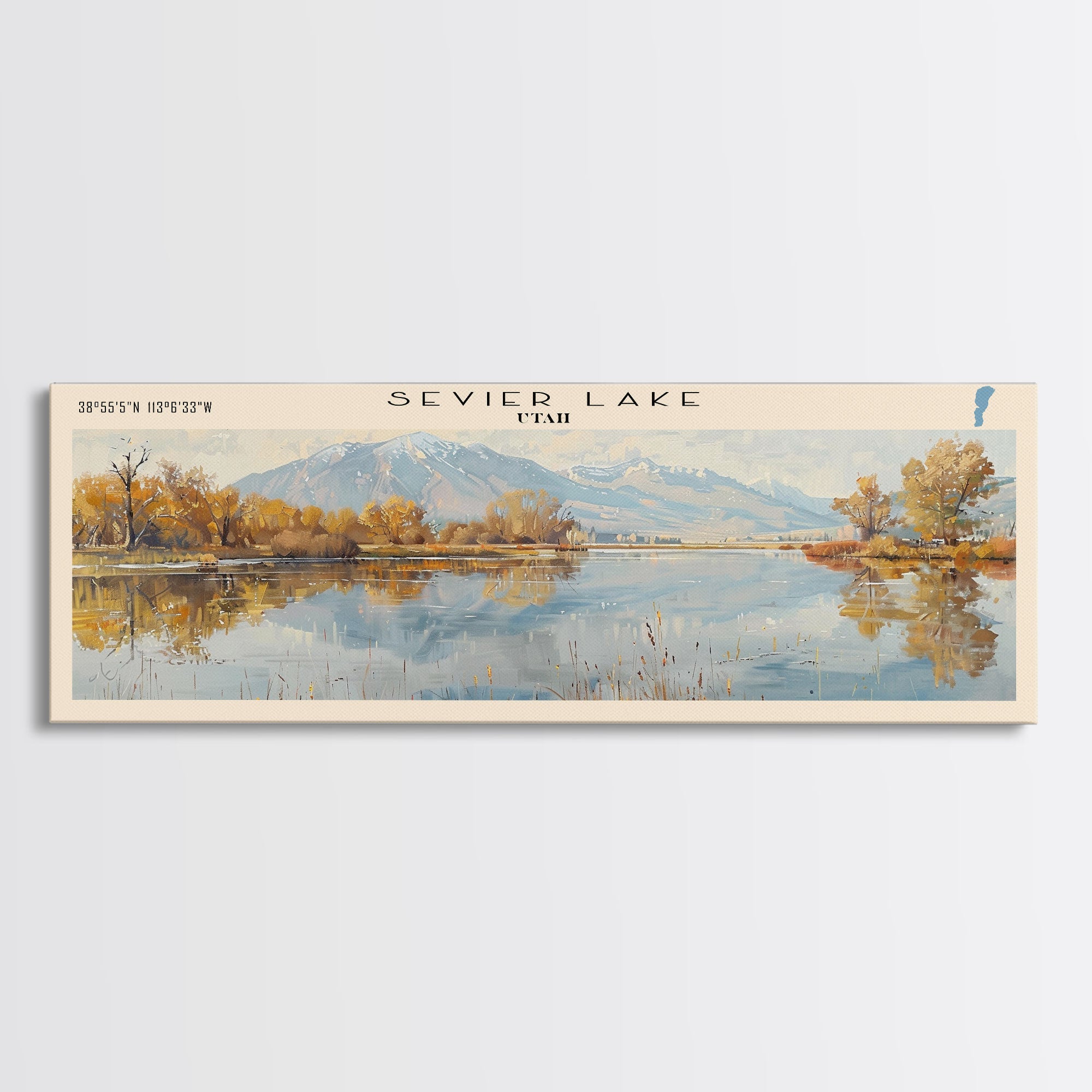 Sevier Lake Utah Panoramic Framed Canvas Print, Lake House Decor, Wall Art, Travel Poster, Tranquil Landscape, Modern Art