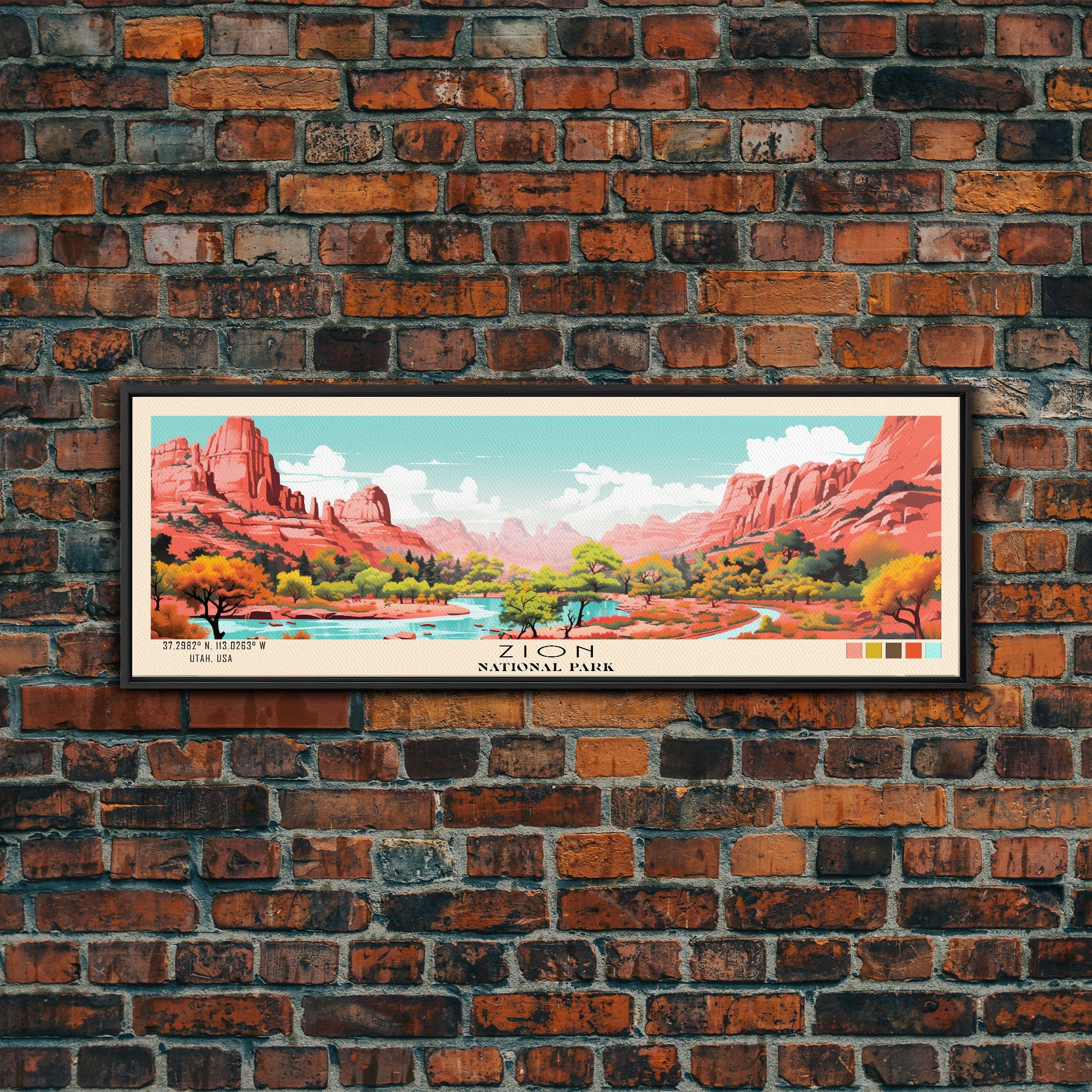 Zion National Park Panoramic Utah Travel Art, National Park Print, Minimalist Travel Art, Subdued Watercolor Painting Panoramic