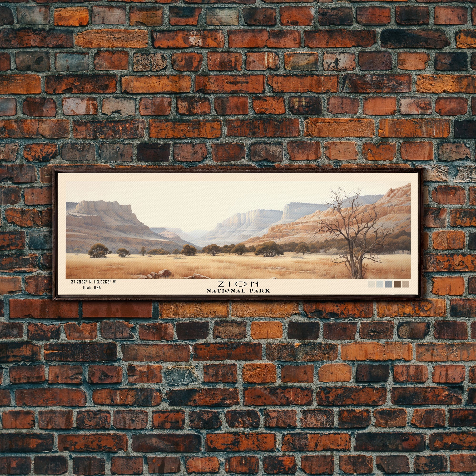 Zion National Park Panoramic Utah Travel Art, National Park Print, Minimalist Travel Art, Subdued Watercolor Painting Panoramic