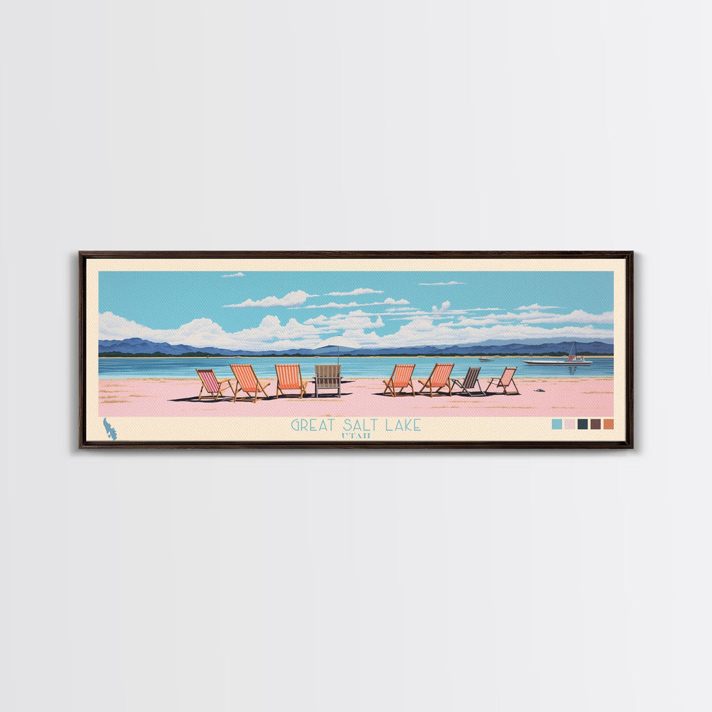 Great Salt Lake Utah Framed Canvas Print, Panoramic Wall Art, Midcentury Modern, Pop Art, Living Room Wall Art, Travel Poster, Nature Art, Artistic Decor