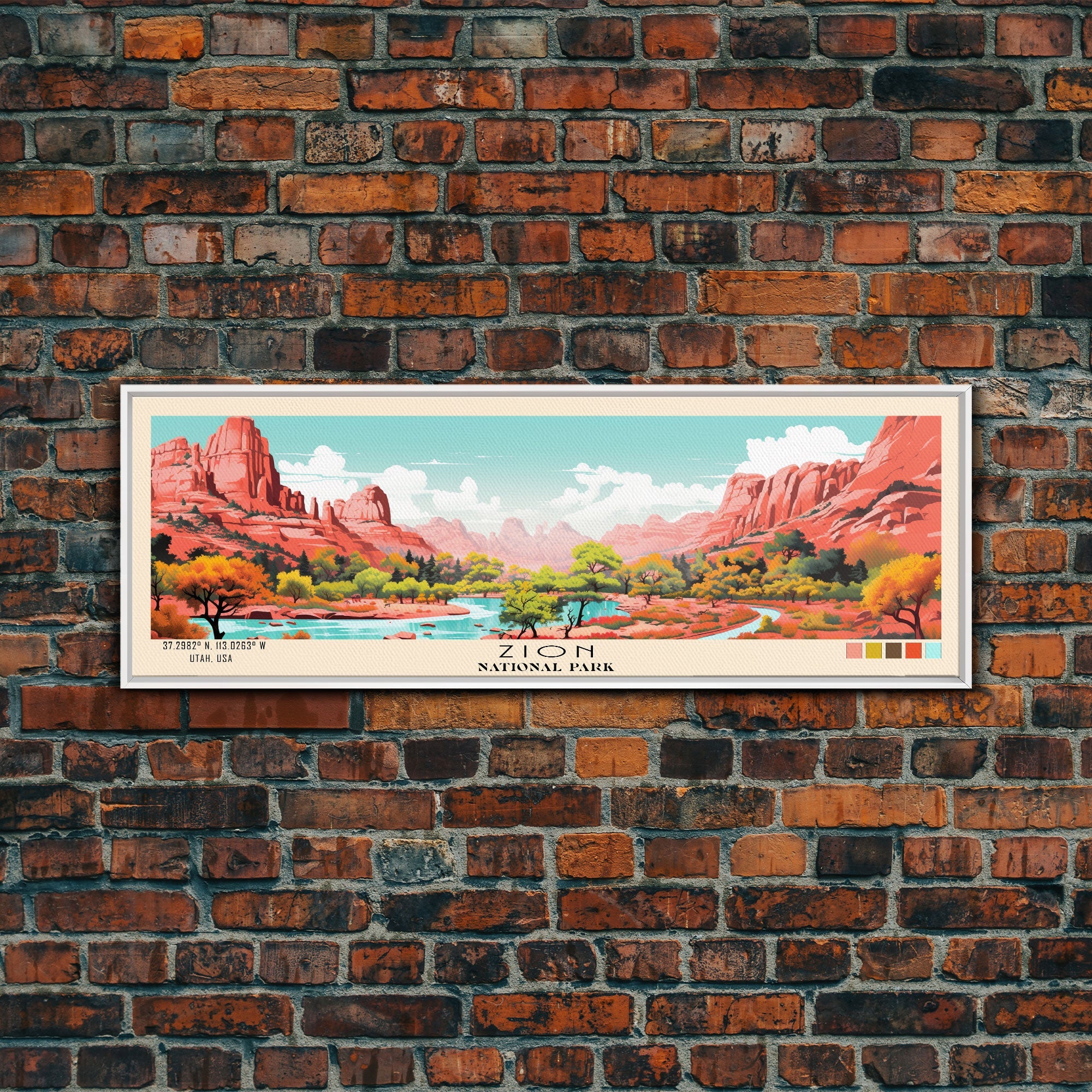 Zion National Park Panoramic Utah Travel Art, National Park Print, Minimalist Travel Art, Subdued Watercolor Painting Panoramic