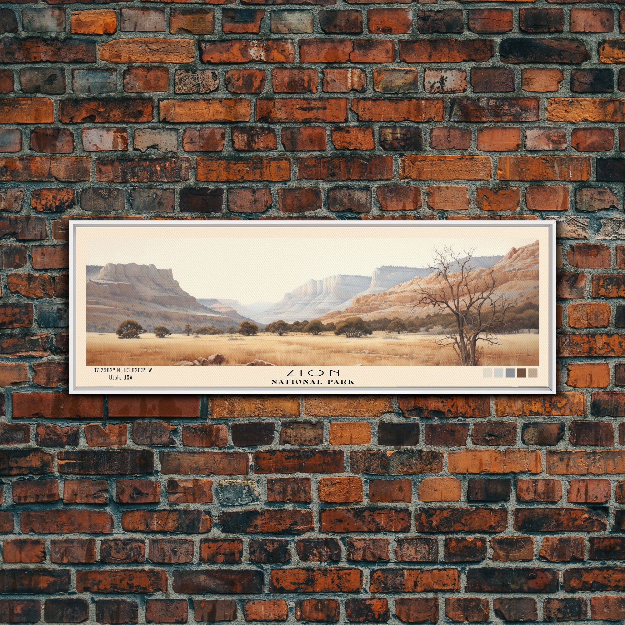 Zion National Park Panoramic Utah Travel Art, National Park Print, Minimalist Travel Art, Subdued Watercolor Painting Panoramic