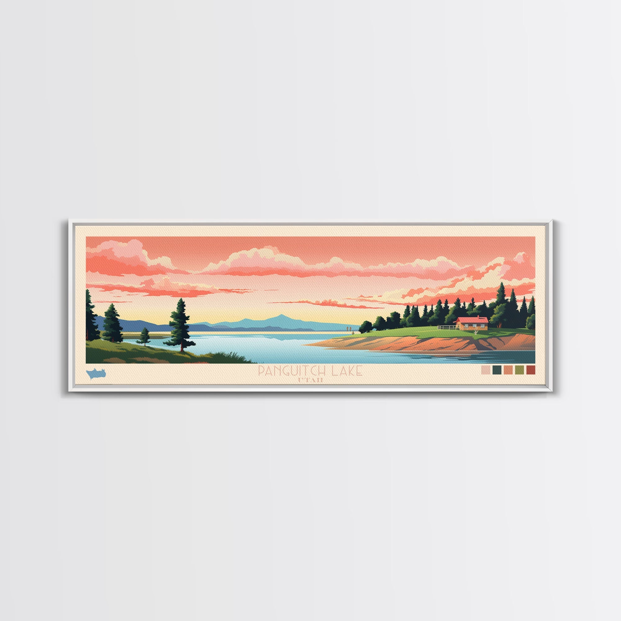 Panguitch Lake, Utah Framed Canvas Print, Panoramic Wall Art, Midcentury Modern, Pop Art, Home Decor, Travel Poster, Bedroom Art