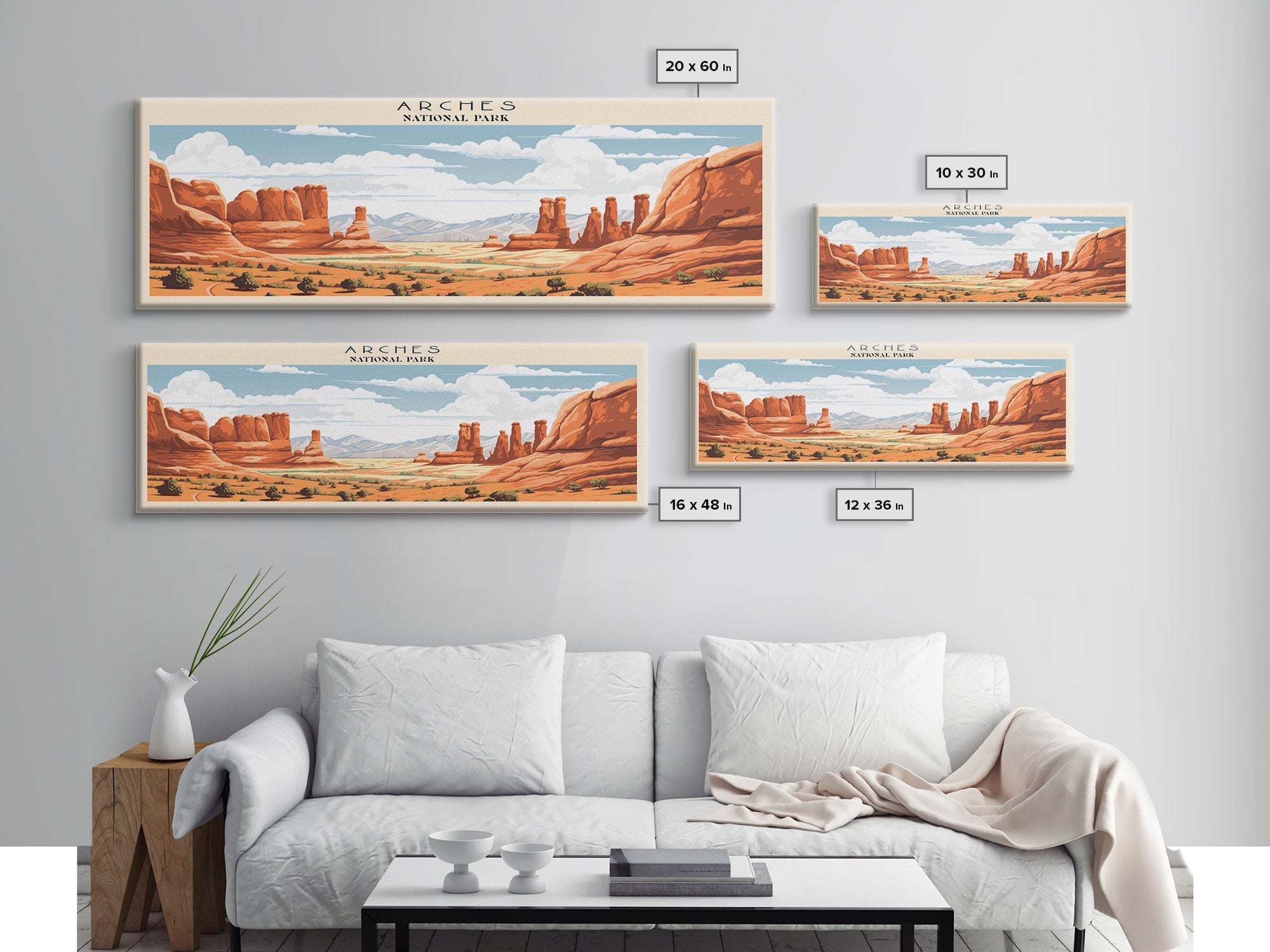 Arches National Park Panoramic Utah Travel Art, National Park Print, Minimalist Travel Art, Subdued Watercolor Painting Panoramic