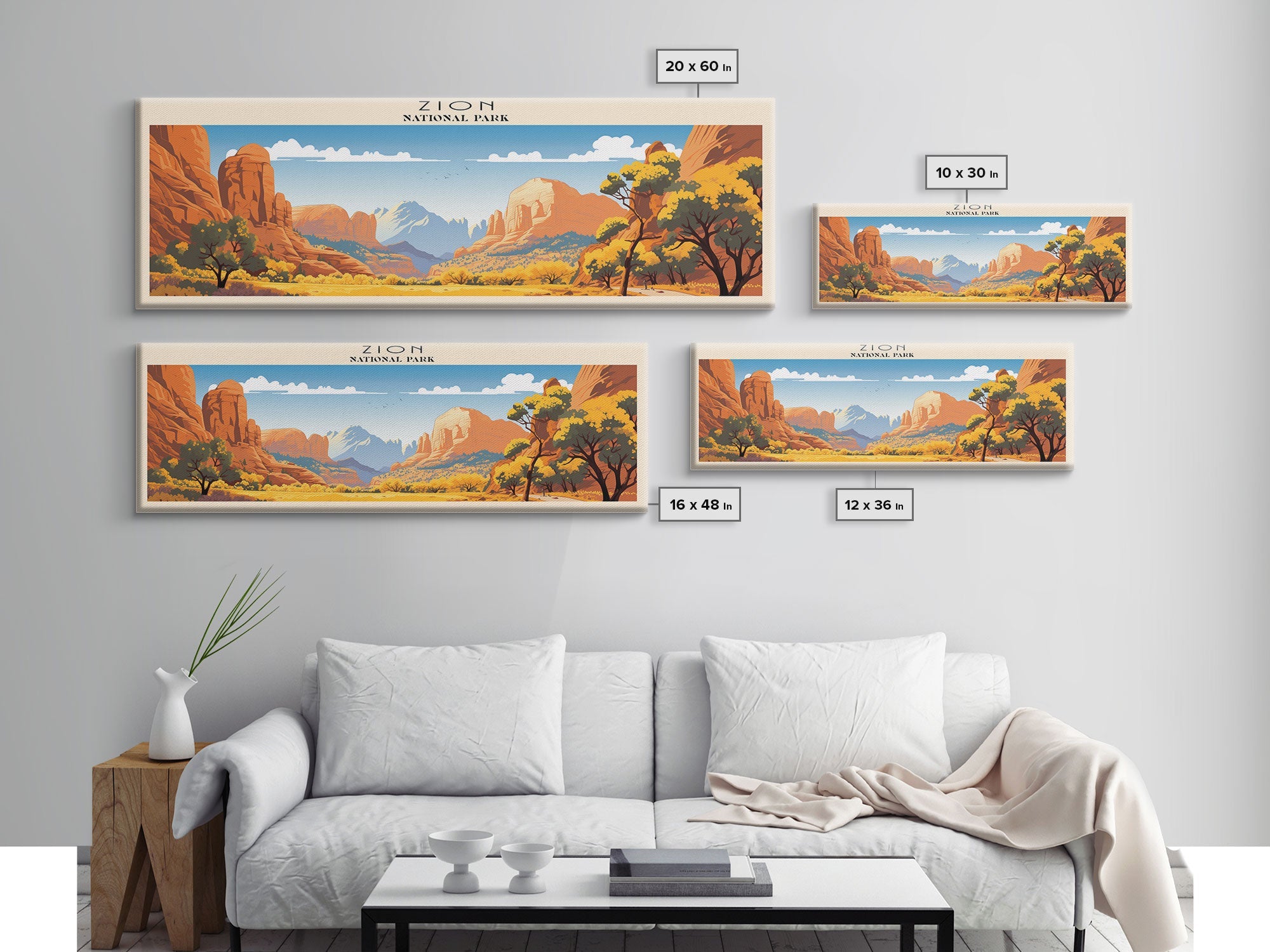 Zion National Park Panoramic Utah Travel Art, National Park Print, Minimalist Travel Art, Subdued Watercolor Painting Panoramic
