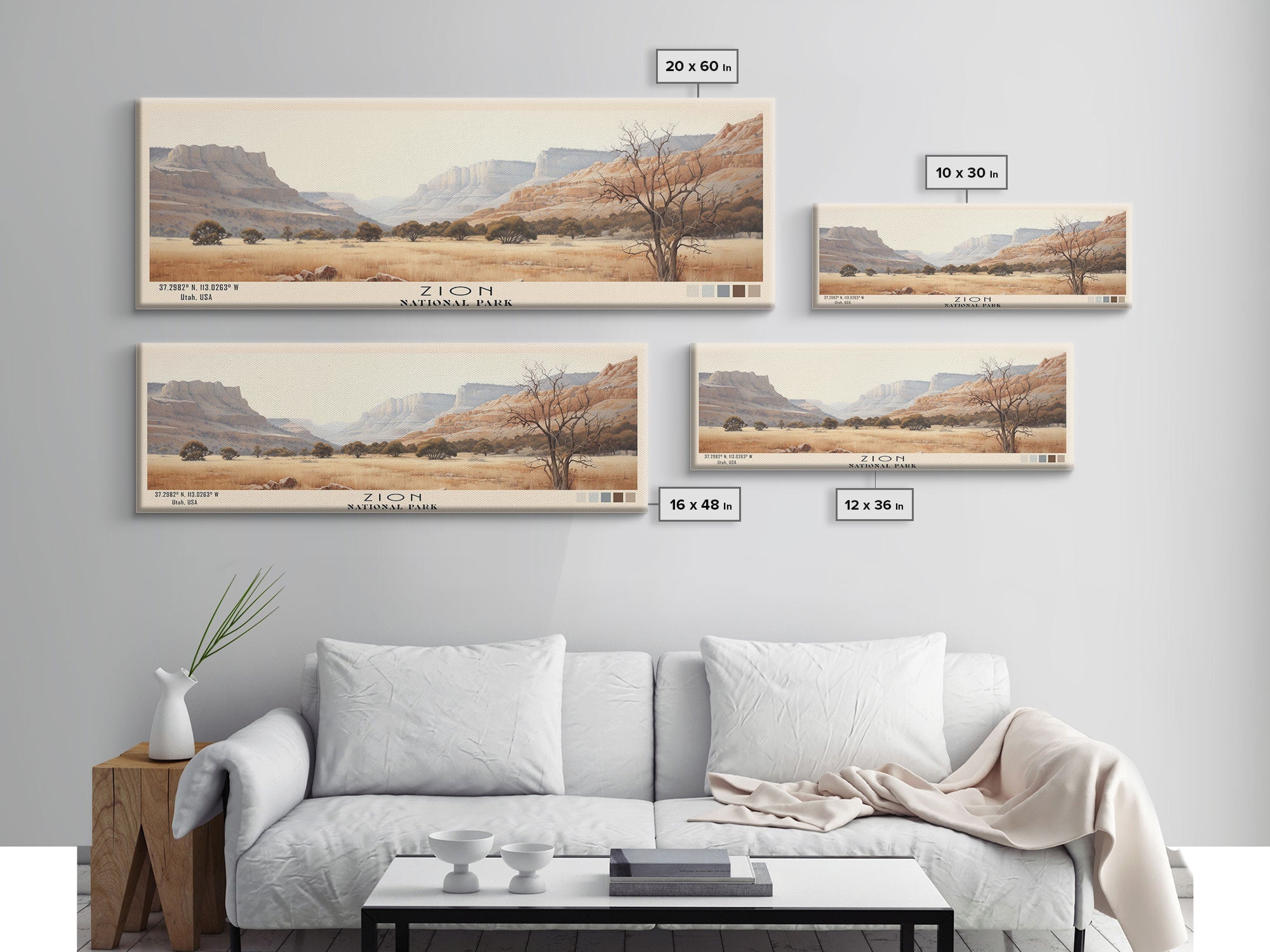 Zion National Park Panoramic Utah Travel Art, National Park Print, Minimalist Travel Art, Subdued Watercolor Painting Panoramic