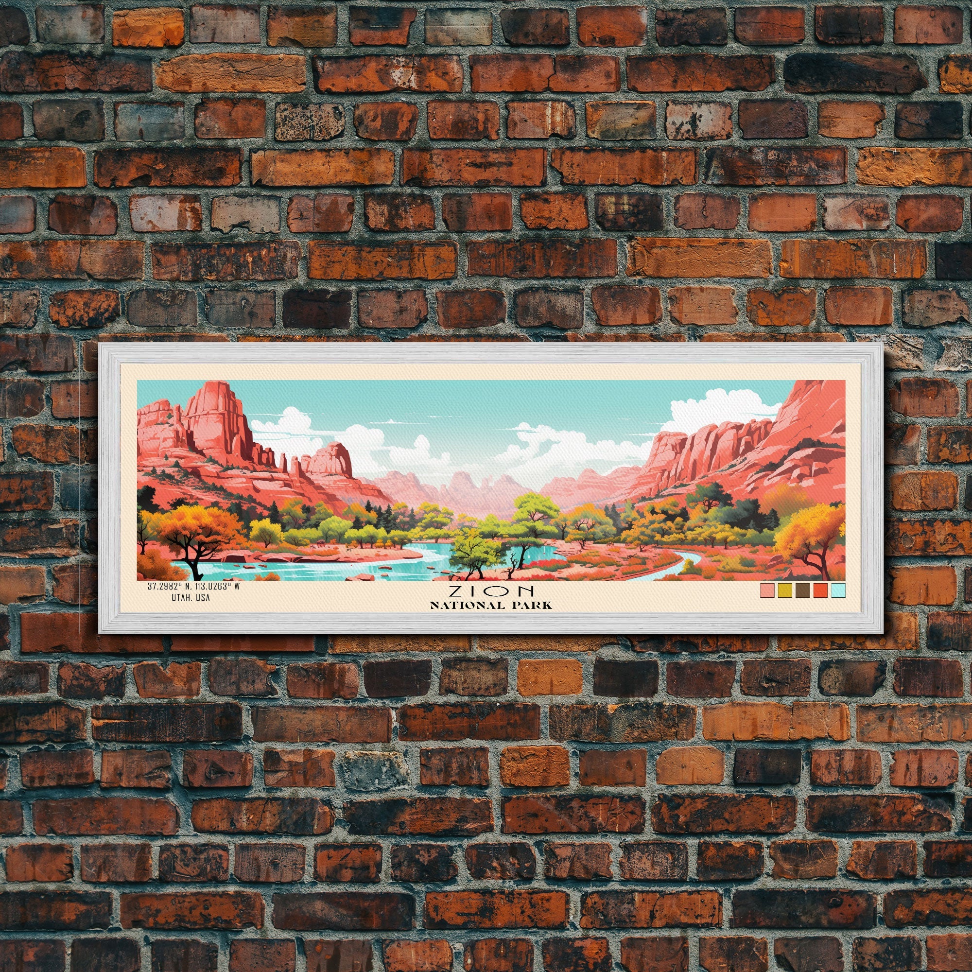 Zion National Park Panoramic Utah Travel Art, National Park Print, Minimalist Travel Art, Subdued Watercolor Painting Panoramic