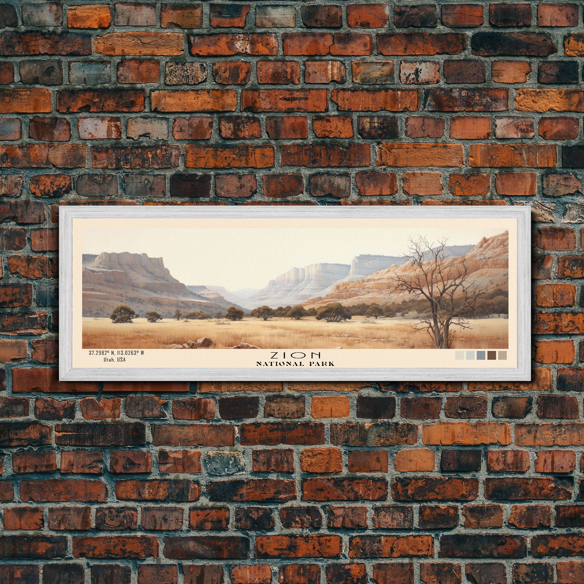 Zion National Park Panoramic Utah Travel Art, National Park Print, Minimalist Travel Art, Subdued Watercolor Painting Panoramic