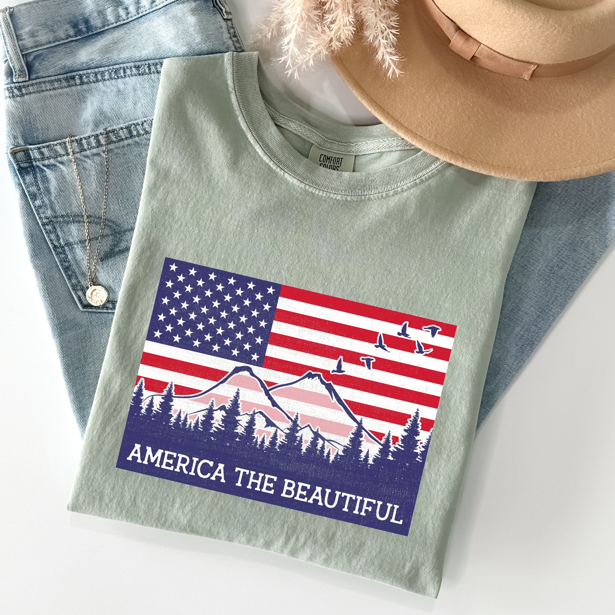 America The Beautiful, Flag, Mountains, Patriotic Tshirt Comfort Colors T-Shirt