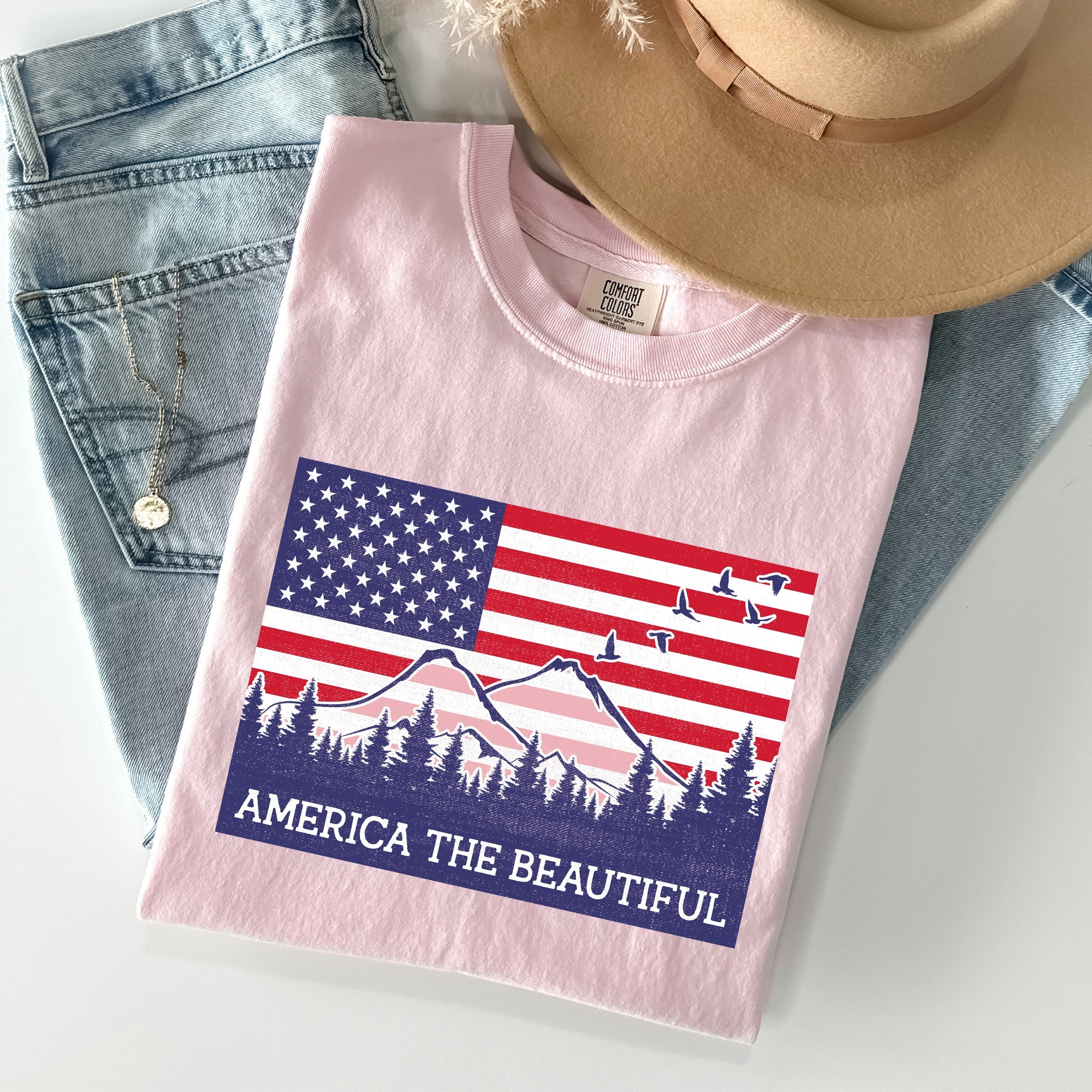America The Beautiful, Flag, Mountains, Patriotic Tshirt Comfort Colors T-Shirt