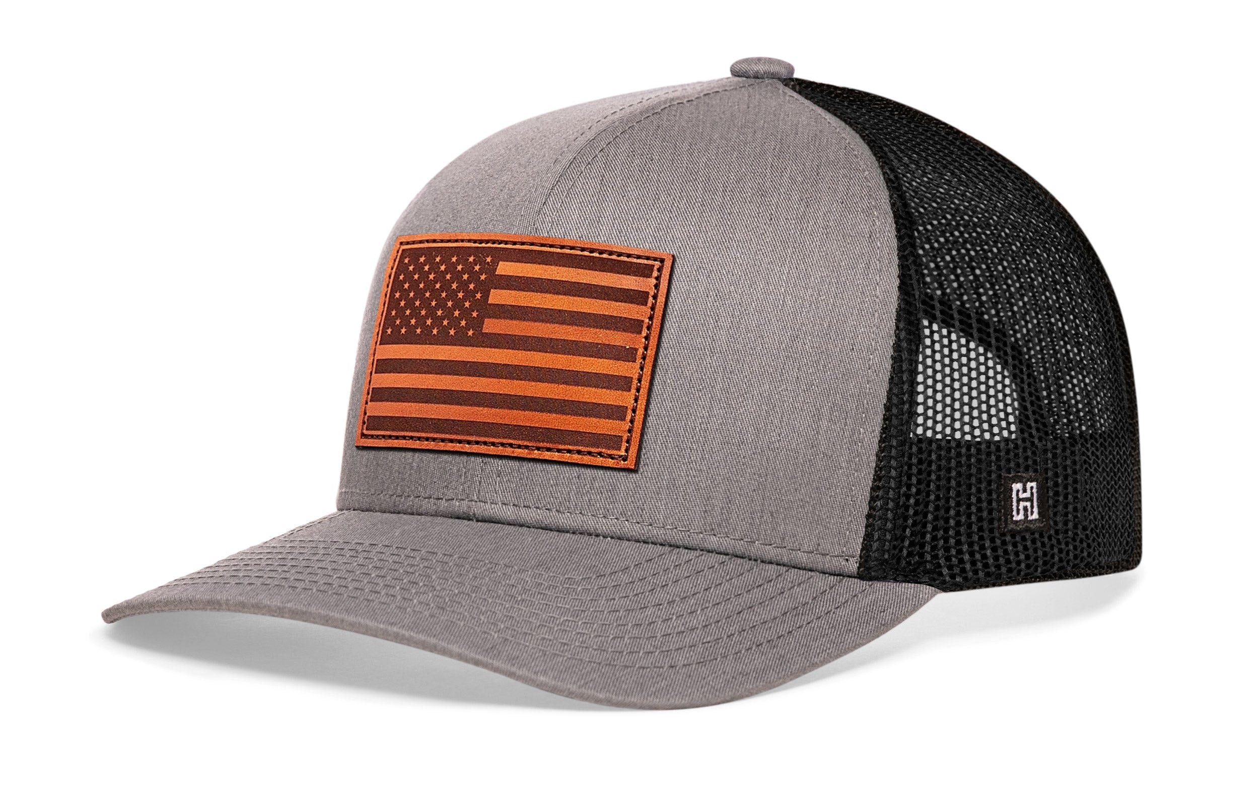 American Flag Trucker Hat Leather  |  Gray-Black USA Snapback