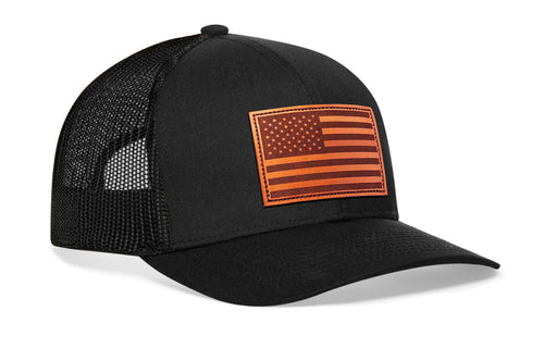 American Flag Trucker Hat Leather  |  Black USA Snapback