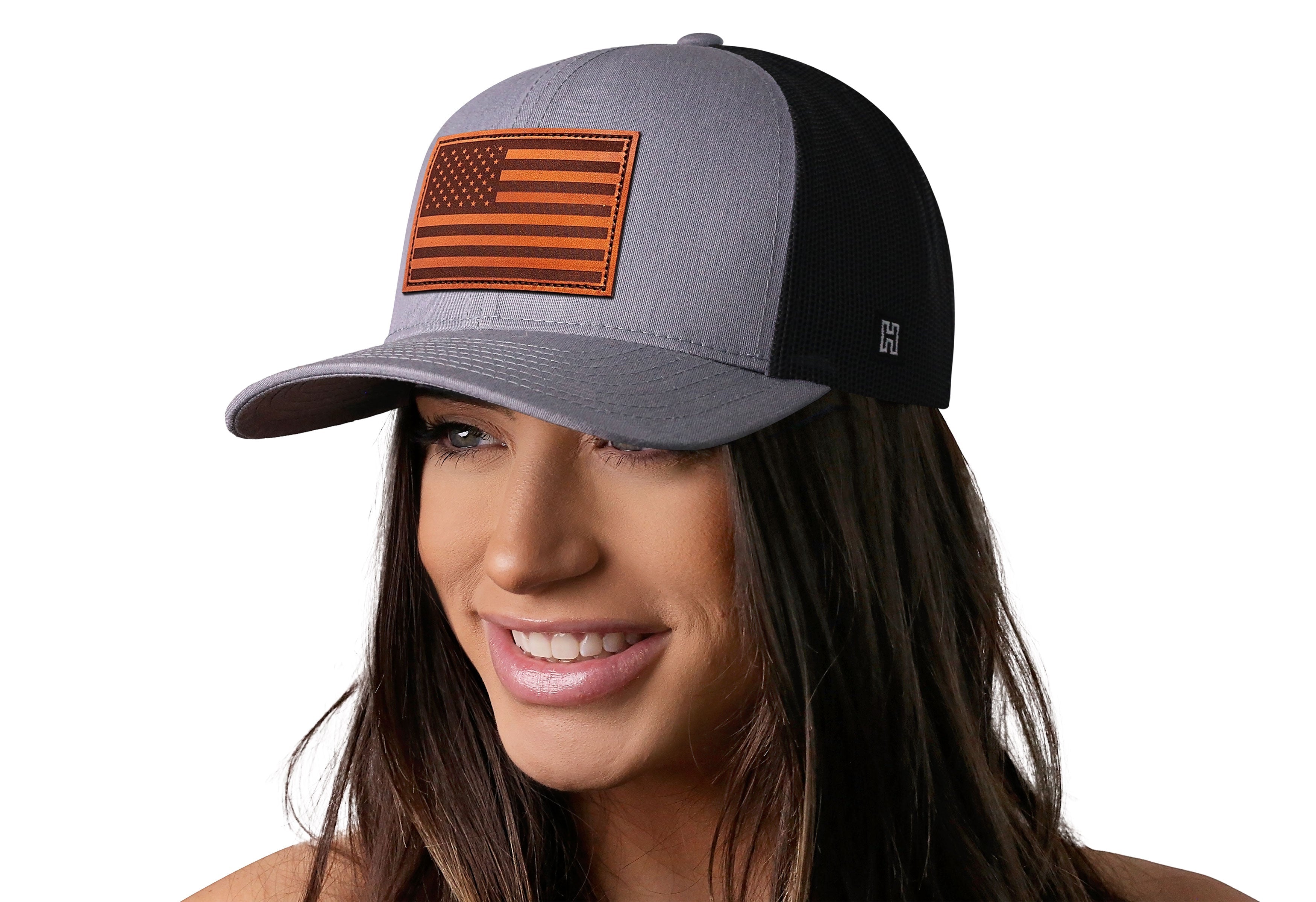 American Flag Trucker Hat Leather  |  Gray-Black USA Snapback