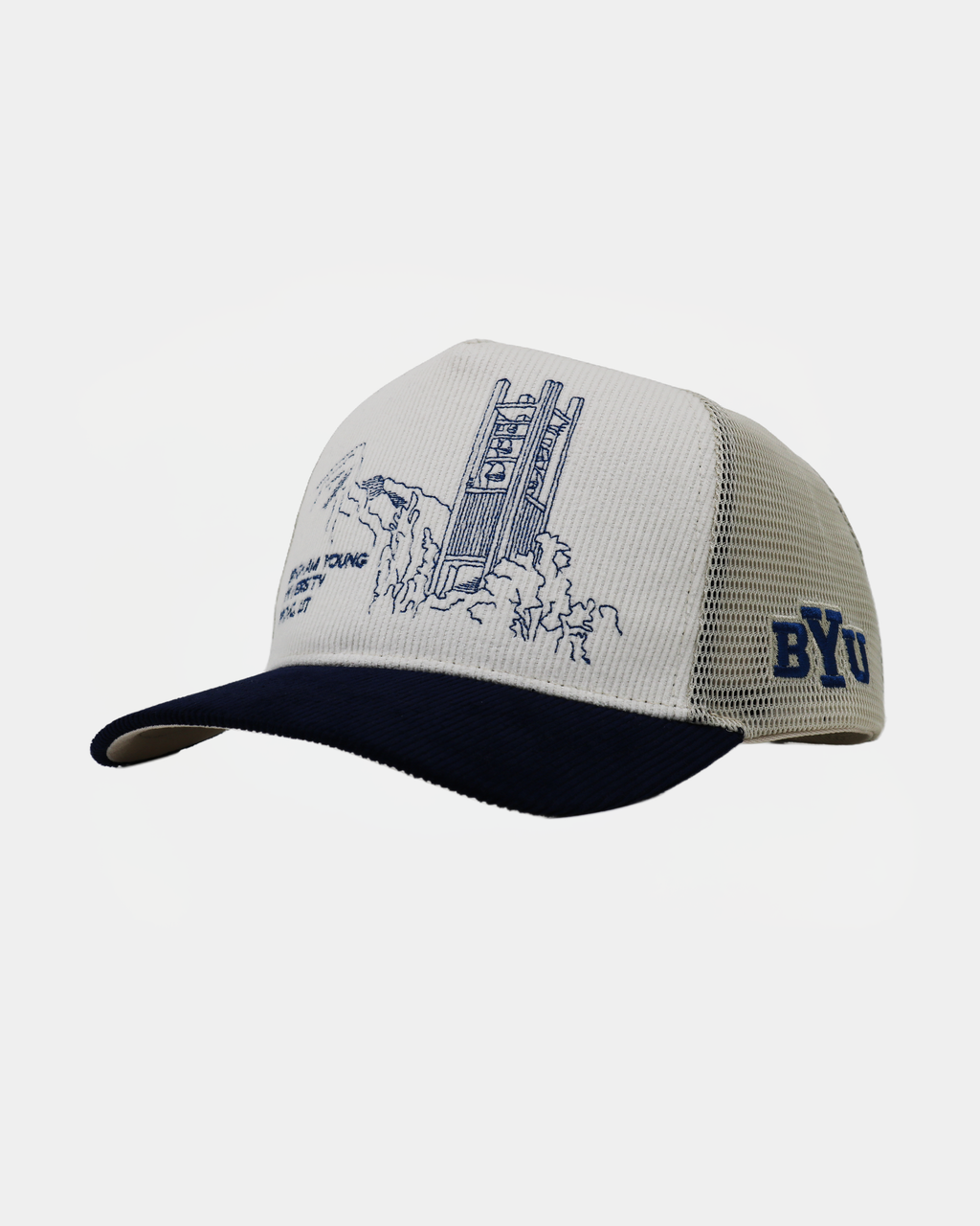 BYU Bunker Trucker Hat Natural Navy Campus