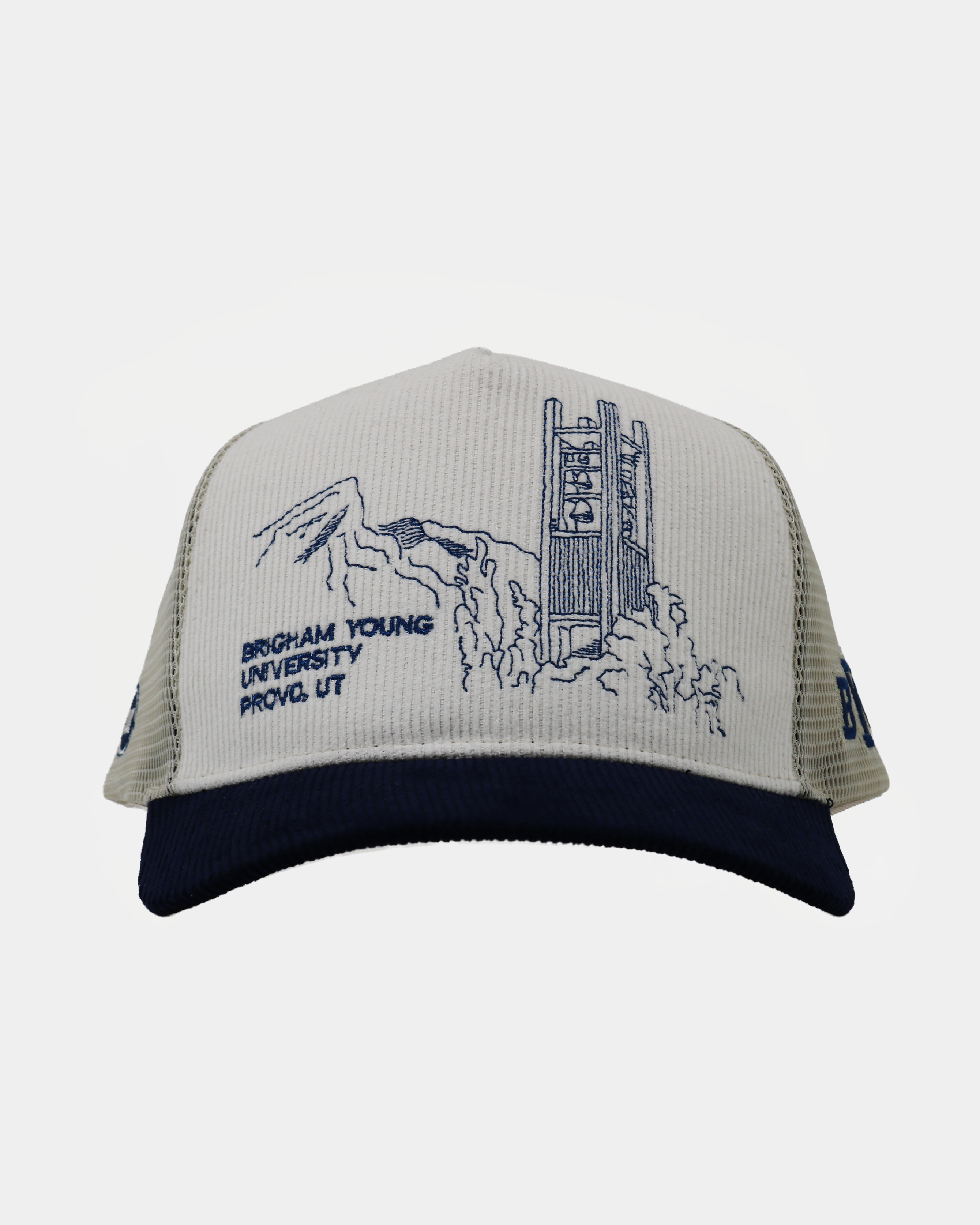 BYU Bunker Trucker Hat Natural Navy Campus
