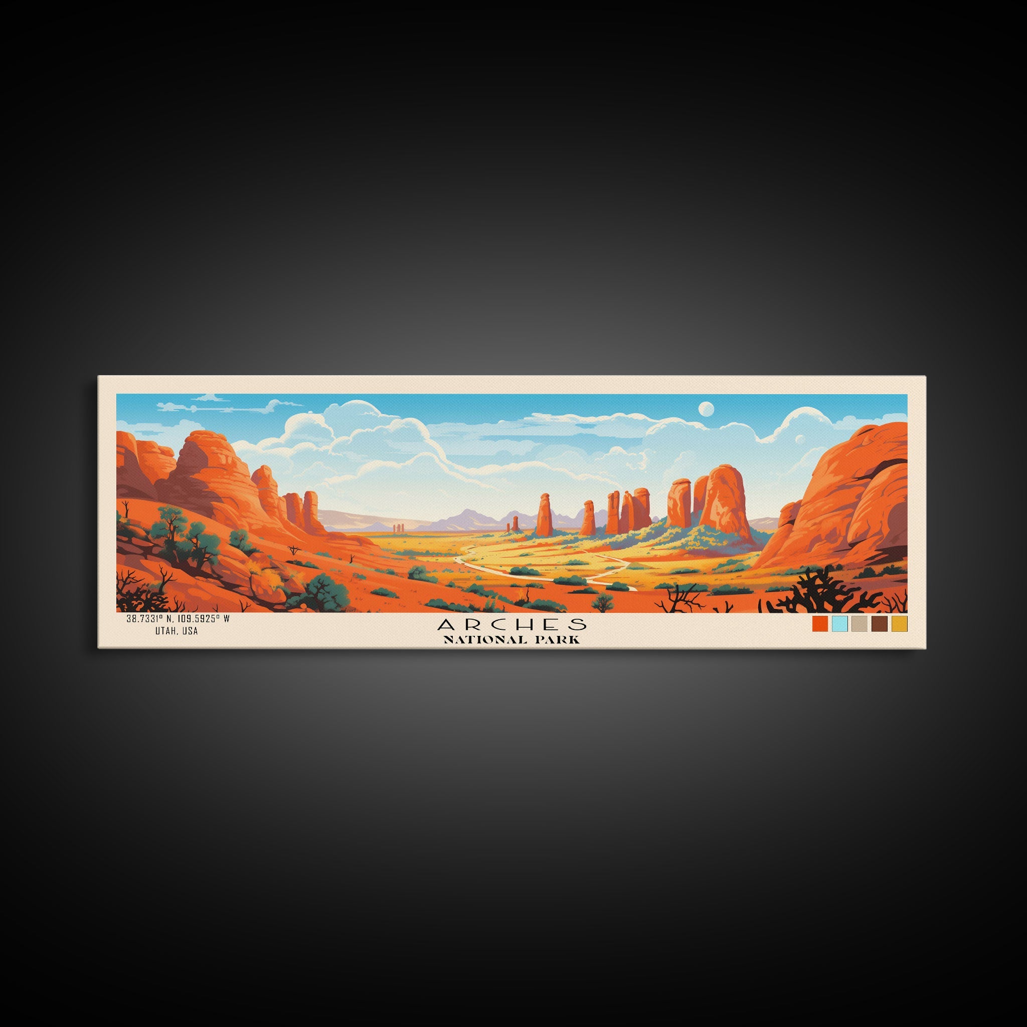 Arches National Park Panoramic Utah Travel Art, National Park Print, Minimalist Travel Art, Subdued Watercolor Painting Panoramic