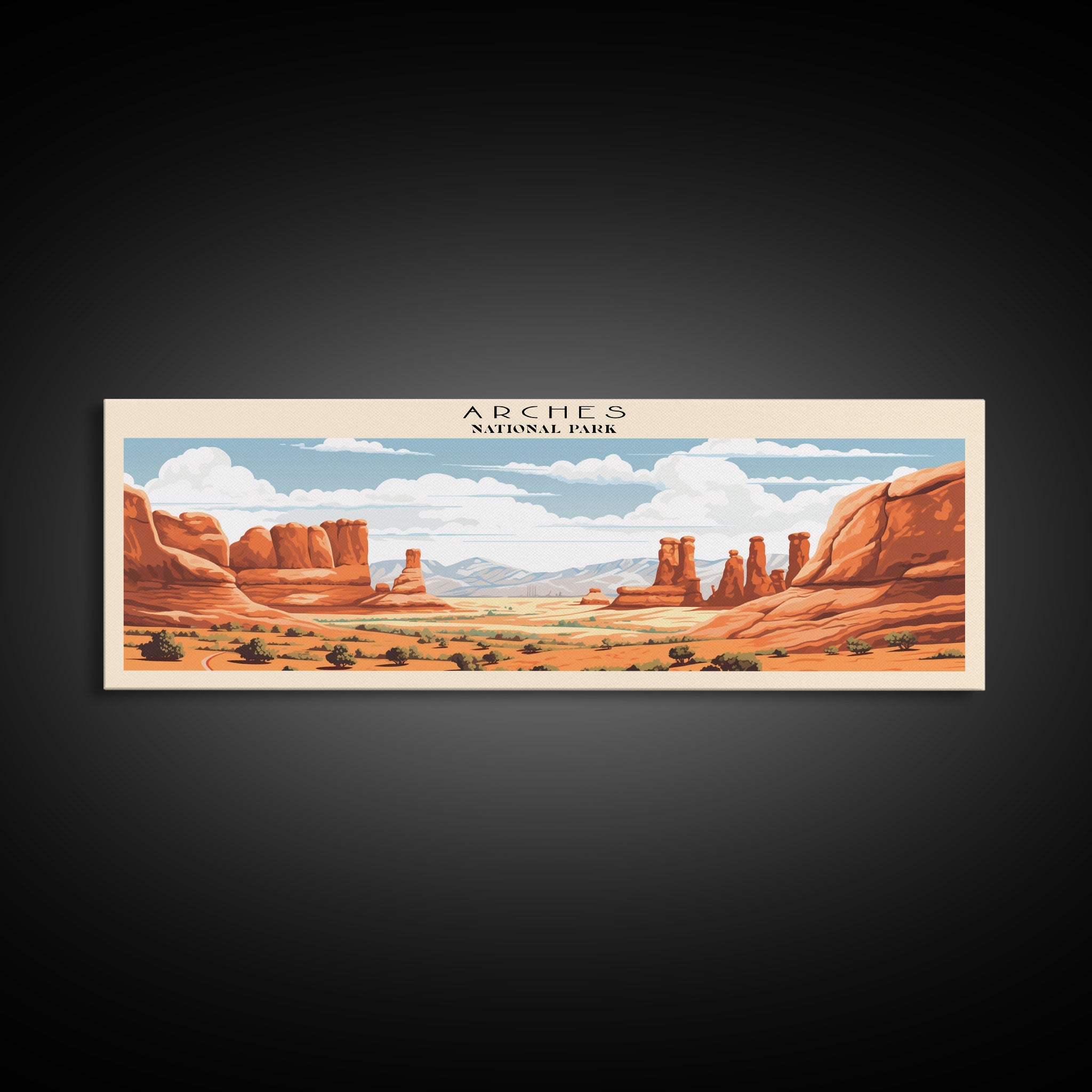 Arches National Park Panoramic Utah Travel Art, National Park Print, Minimalist Travel Art, Subdued Watercolor Painting Panoramic