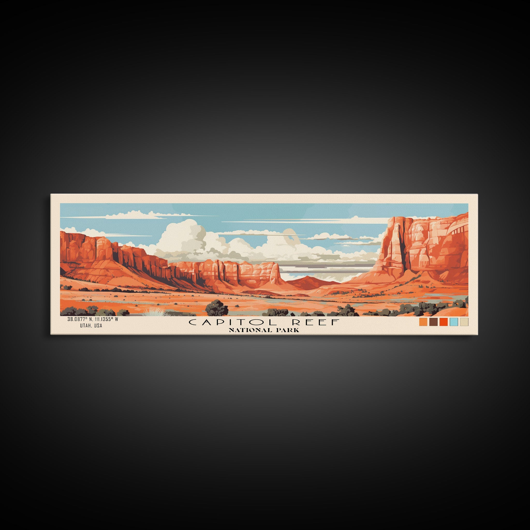 Capitol Reef National Park Panoramic Utah Travel Art, National Park Print, Minimalist Travel Art, Subdued Watercolor Painting Panoramic