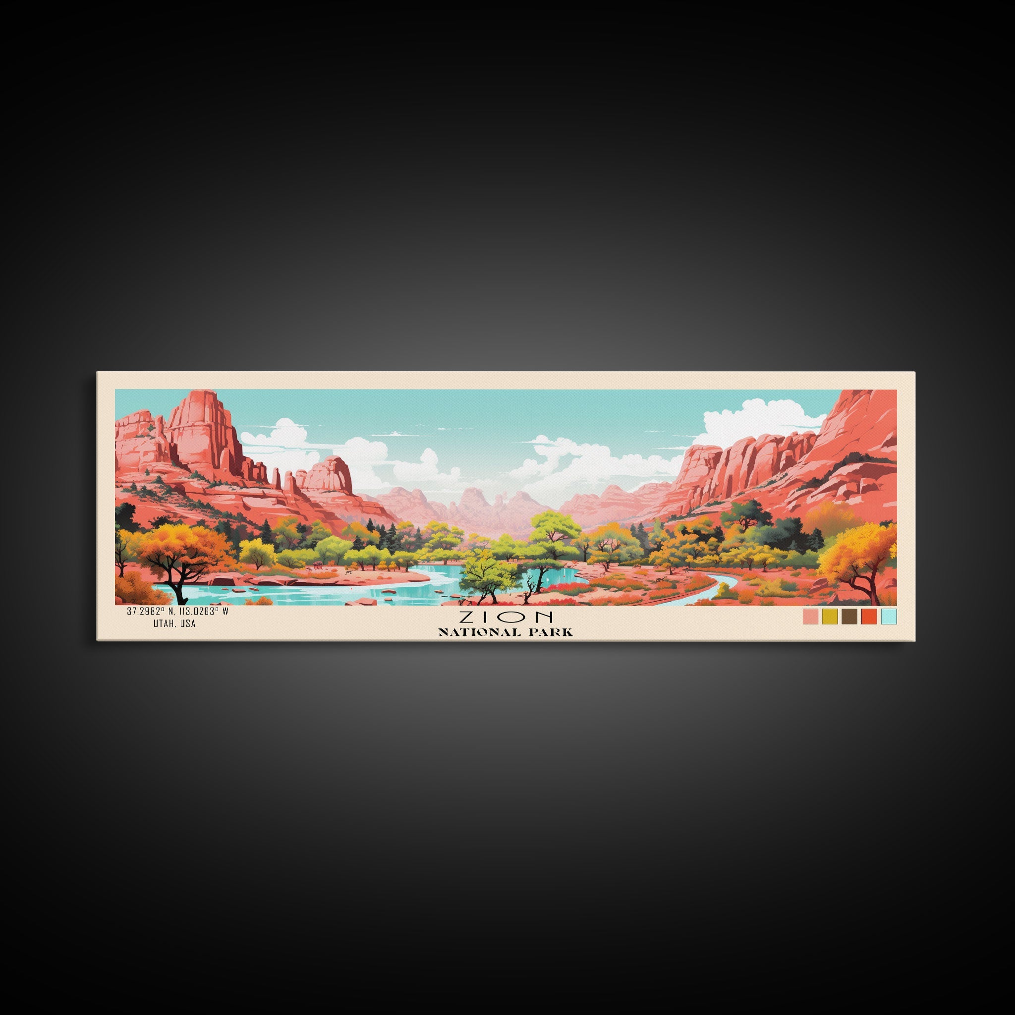 Zion National Park Panoramic Utah Travel Art, National Park Print, Minimalist Travel Art, Subdued Watercolor Painting Panoramic