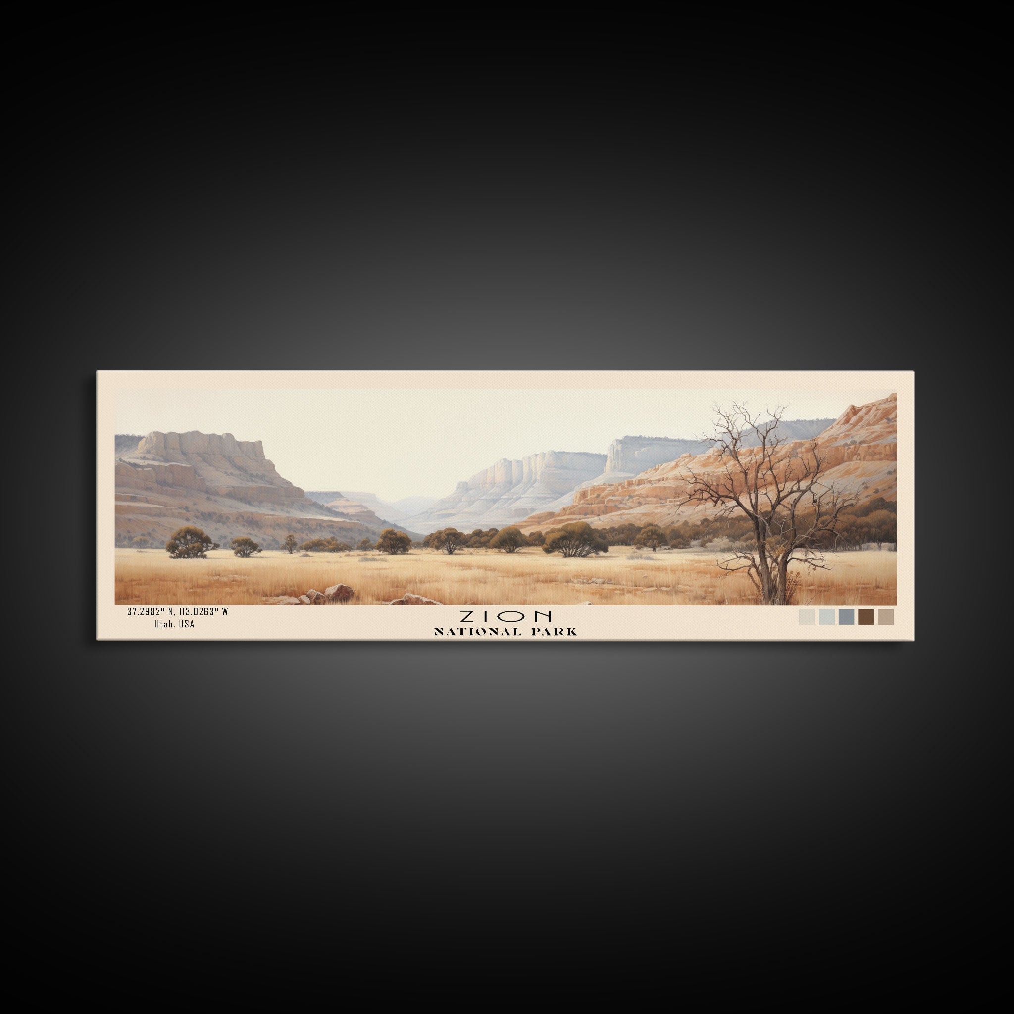 Zion National Park Panoramic Utah Travel Art, National Park Print, Minimalist Travel Art, Subdued Watercolor Painting Panoramic