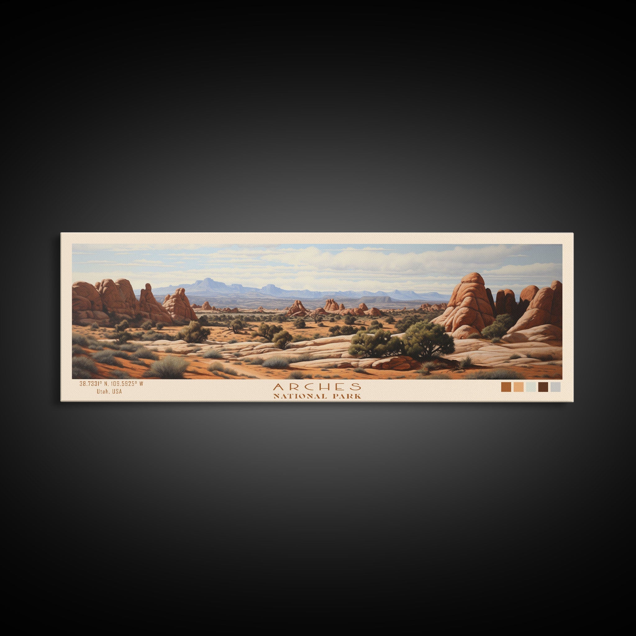Arches National Park Panoramic Utah Travel Art, National Park Print, Minimalist Travel Art, Subdued Watercolor Painting Panoramic