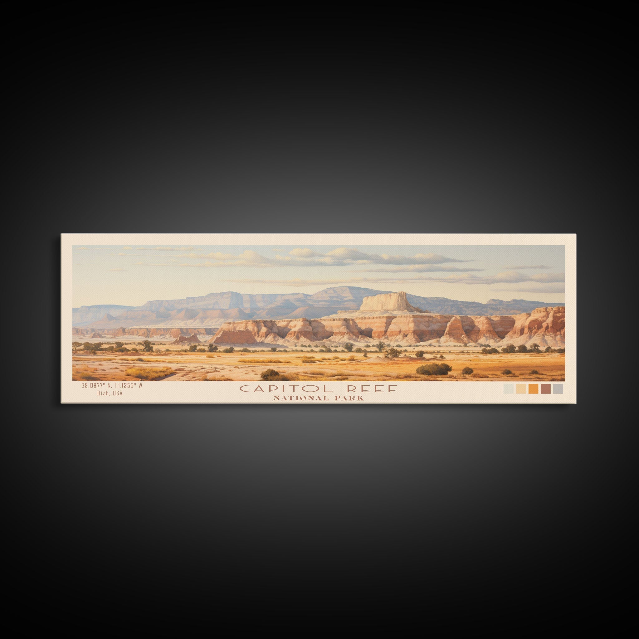 Capitol Reef National Park Panoramic Utah Travel Art, National Park Print, Minimalist Travel Art, Subdued Watercolor Painting Panoramic