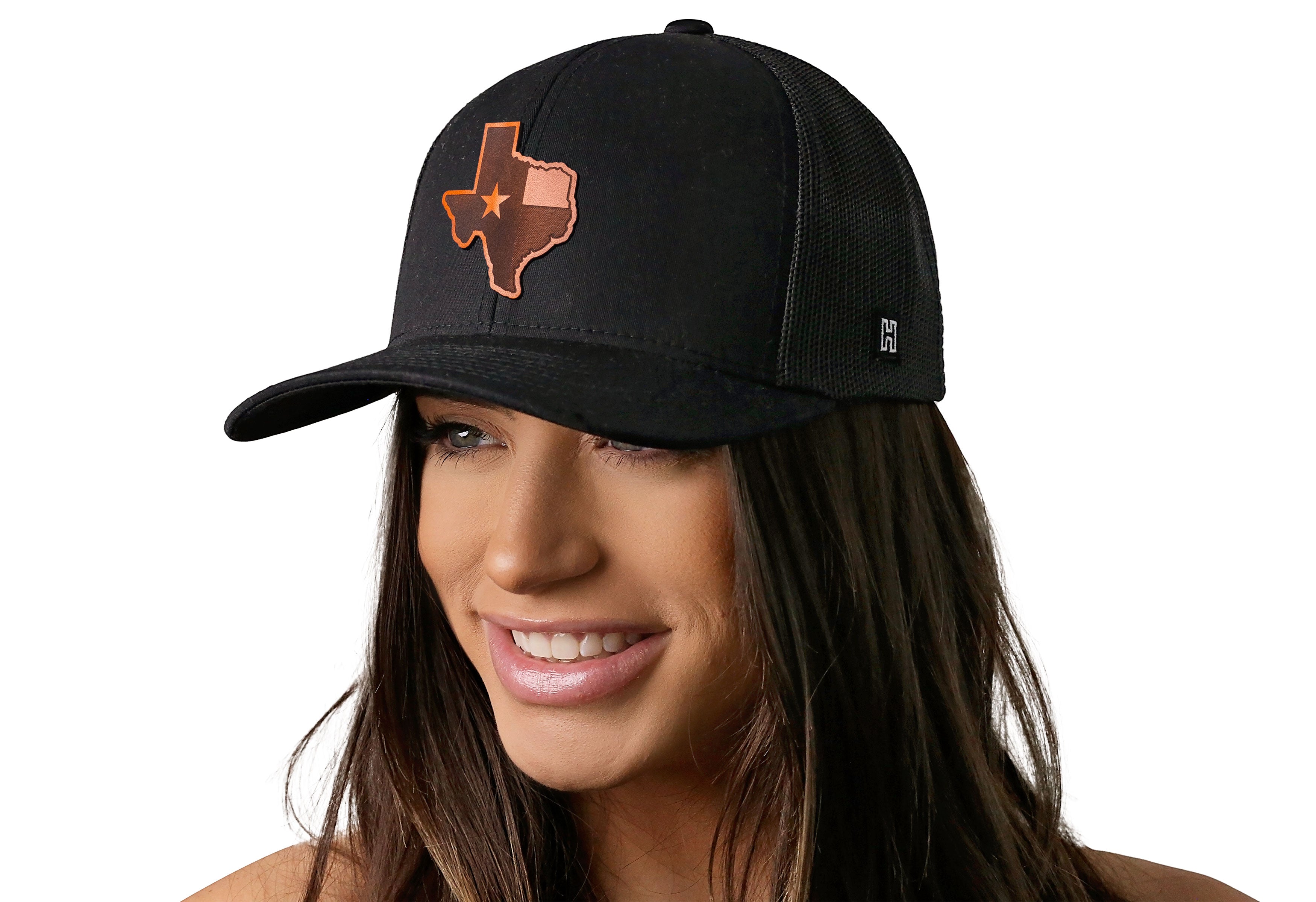 Texas Flag Trucker Hat Leather  |  Black Texas Flag Cut to Shape Snapback