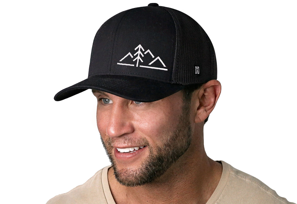 Mountains with Pine Tree Trucker Hat  |  Black Outdoors Snapback