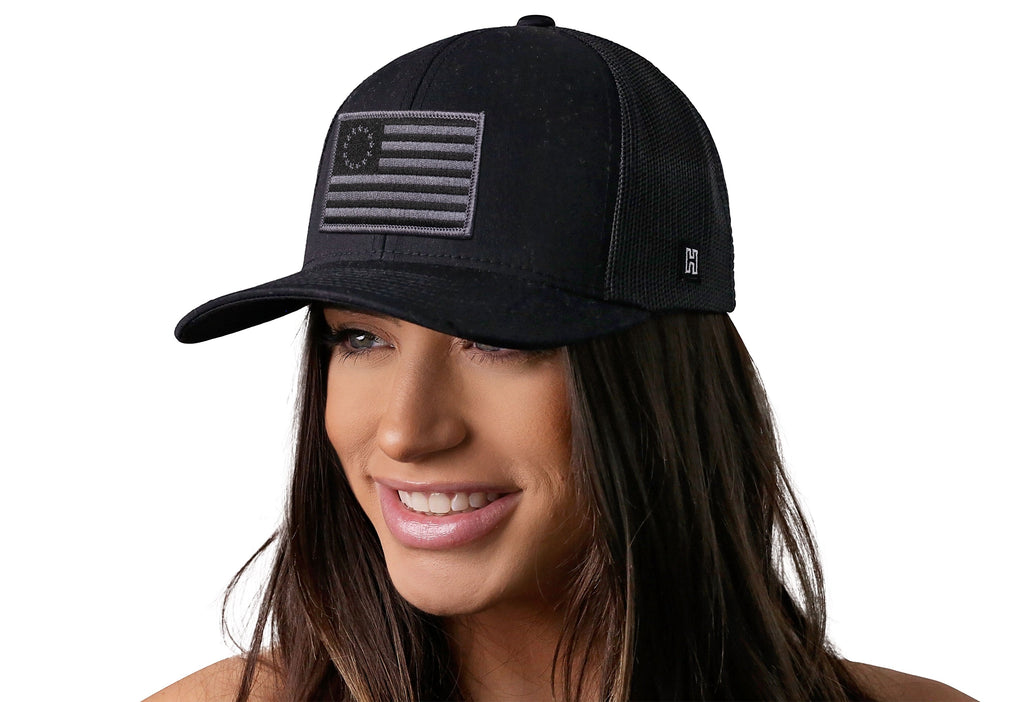 Betsy Ross Flag Trucker Hat  |  Black USA Snapback