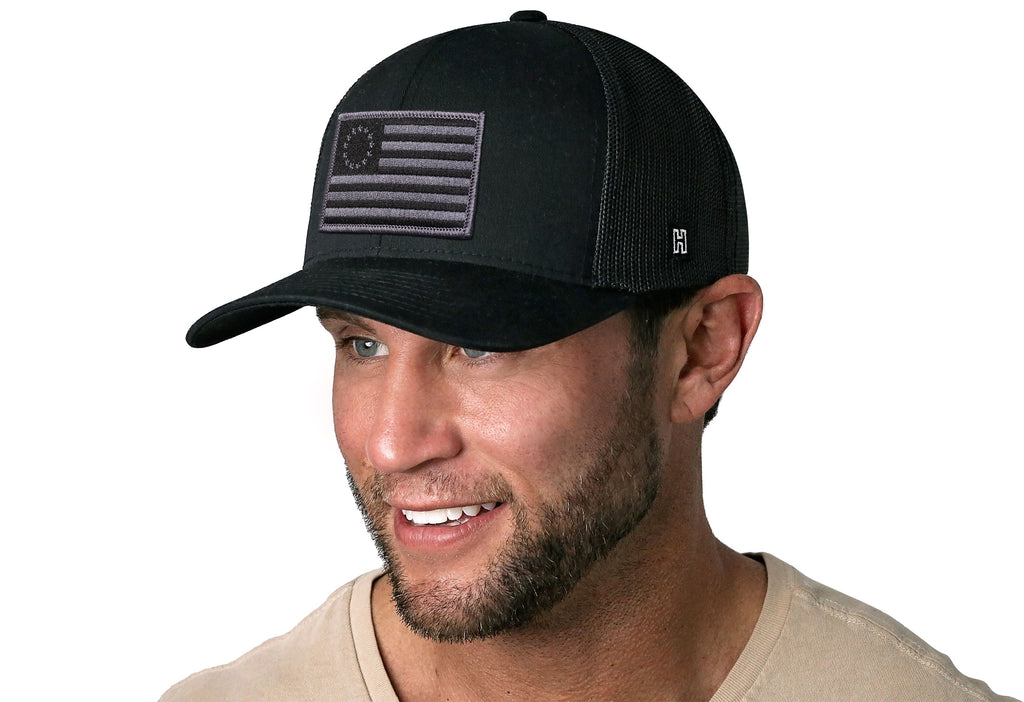 Betsy Ross Flag Trucker Hat  |  Black USA Snapback