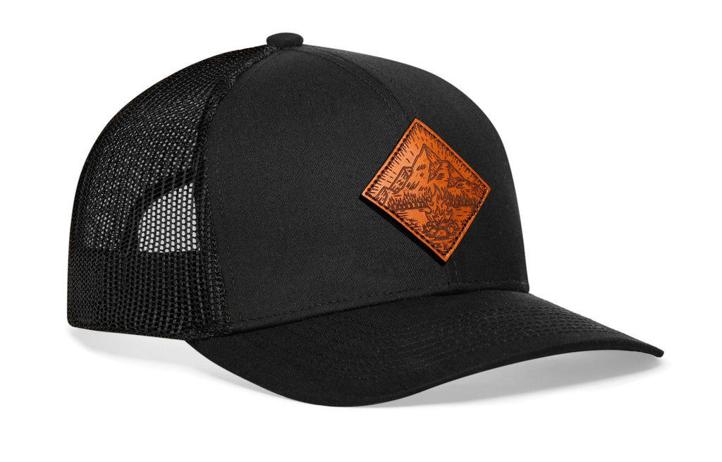 Campfire Trucker Hat Leather  |  Black Outdoors Snapback